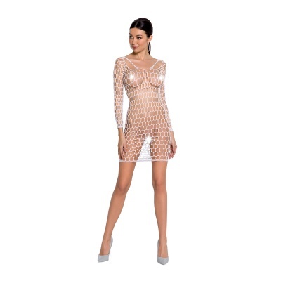 Vestido de malha branca com padrão de elos largos e manga comprida