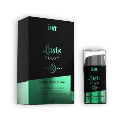 Frasco e caixa de gel retardante masculino em preto e verde com texto intt Lasts BOOST Longer Time For Him
