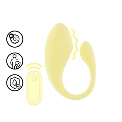 Vibrador em U amarelo com controlo remoto, fundo branco e ícones pretos ao lado