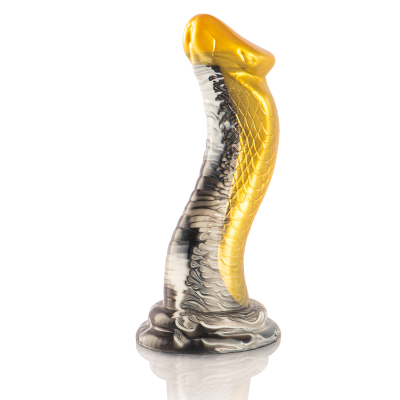 Objeto em forma de cobra dourada com base marmoreada preta e branca