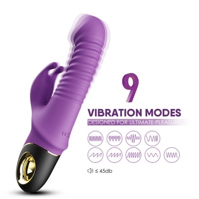 Vibrador roxo com textura e base preta e dourada, texto sobre modos de vibração.