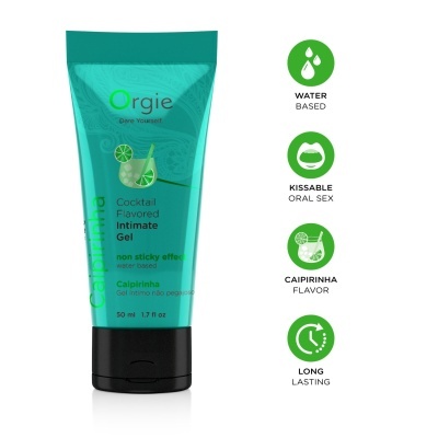 Gel íntimo Orgie sabor Caipirinha em embalagem verde com tampa preta