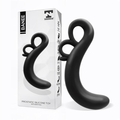 brinquedo prostático de silicone preto com embalagem branca