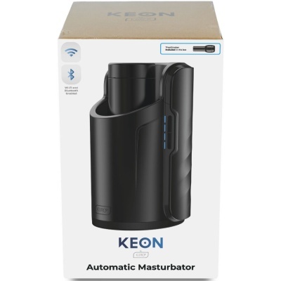 Caixa branca com imagem de masturbador automático preto KEON e texto