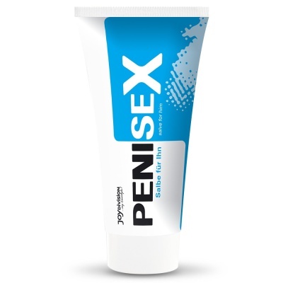 Tubo branco e azul de produto com texto PENISEX