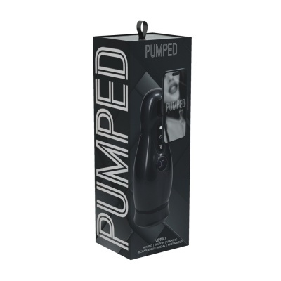 Embalagem de produto preto PUMPED com dispositivo digital e suporte para smartphone