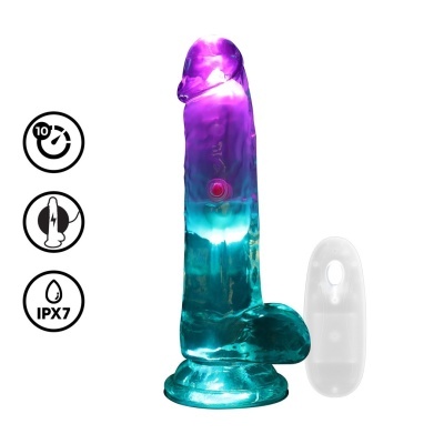 Vibrador em gelatina transparente roxo e azul com base larga e comando remoto branco