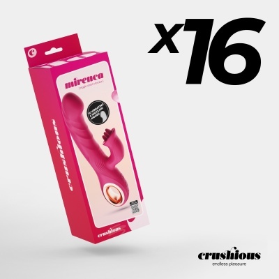 Embalagem rosa e branca de vibrador mirenca com texto x16 e logo crushious.