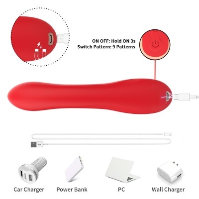 Vibrador vermelho com cabo USB branco e botão de liga/desliga, imagem explicativa de carregamento e modos