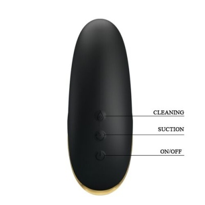Dispositivo preto com três botões e contorno dourado