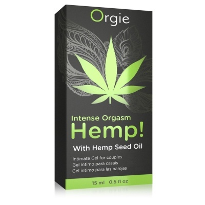 Embalagem de gel íntimo Orgie Hemp em preto e verde com folha de cânhamo