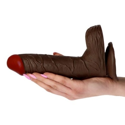 Brinquedo sexual em silicone castanho com ponta vermelha e textura realista