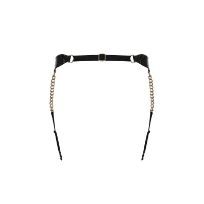 Cinto feminino preto em pele com correntes douradas, ajustável.