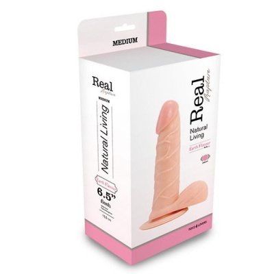 Embalagem branca e rosa com dildo de silicone cor pele e texto Real Natural Living