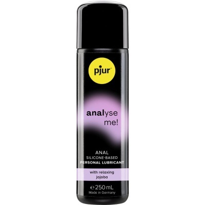 Frasco preto de lubrificante pessoal à base de silicone para uso anal com rótulos em amarelo e lilás.