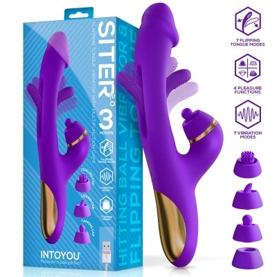 Vibrador roxo com três motores e quatro pontas multifuncionais junto à embalagem azul.