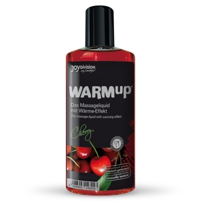 Frasco de líquido para massagem cherry WARMup com rótulo preto e cerejas vermelhas