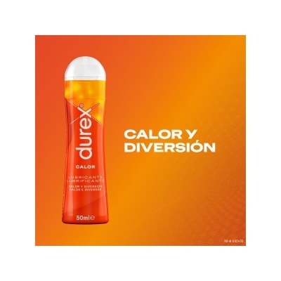 Frasco de lubrificante Durex Calor laranja com tampa branca e texto CALOR Y DIVERSIÓN