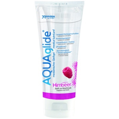 Gel lubrificante médico AQUAglide em tubo branco com tampa e imagem de framboesa