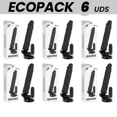 Set de seis produtos dildo preto com ventosa e embalagem branca BASE COCK