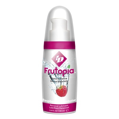Frasco transparente de lubrificante Frutopia com tampa branca e doseador rosa