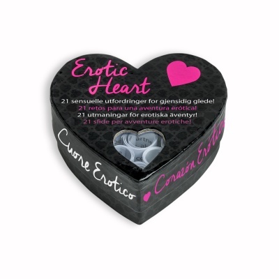 Caixa coração preta com texto rosa Erotic Heart e janela mostrando rolos de papel