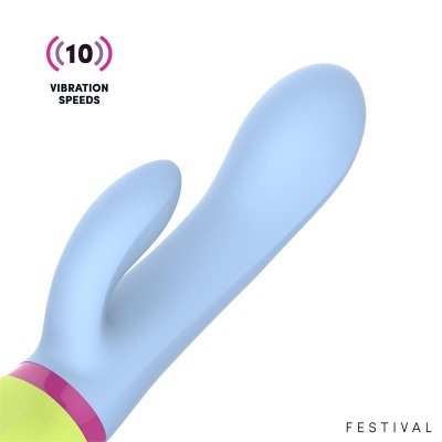 Vibrador azul claro com duas pontas e base amarela e rosa
