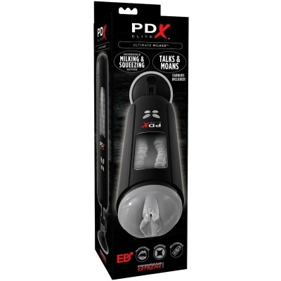 Embalagem preta do produto PDX Elite Ultimate Milker com dispositivo e textos promocionais