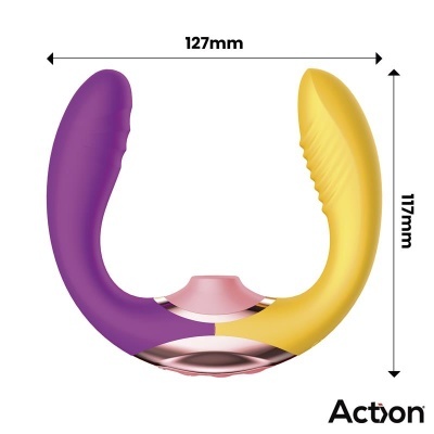 Produto em U roxo e amarelo com texturas e base metálica rosa