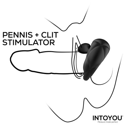 Estimulador preto anatómico com texto PENNIS + CLIT STIMULATOR e marca INTOYOU