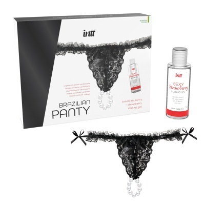 Conjunto com tanga brasileira preta em renda com pérolas e gel deslizante Strawberry