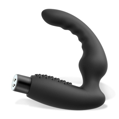Produto sexual preto curvado com textura e componente metálico
