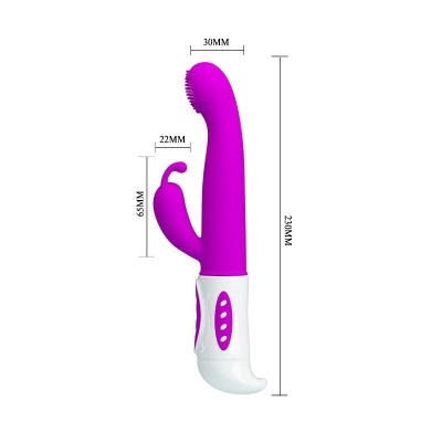 Vibrador roxo com base branca e botões, com medidas visíveis.