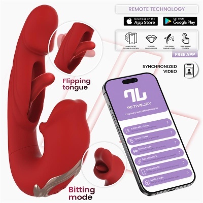 Vibrador vermelho em silicone com app de controlo remoto mostrado