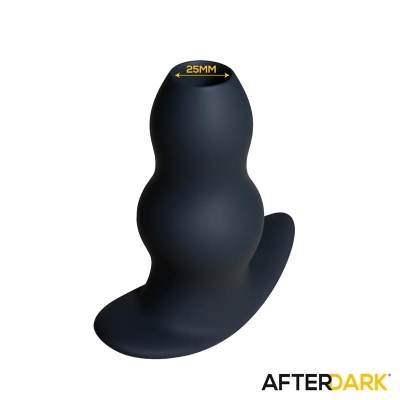 Produto preto de silicone com forma bulbosa e base alargada, texto 25MM e logo AFTERDARK