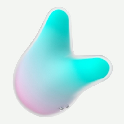 Objeto orgânico colorido em azul e rosa com botões metálicos