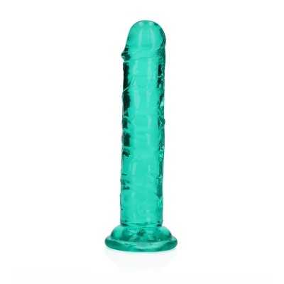 Dildo transparente verde azulado com base larga em fundo branco