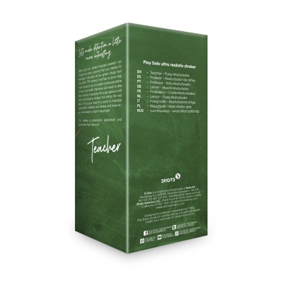 Caixa verde com texto branco para masturbador ultra realista chamado Teacher