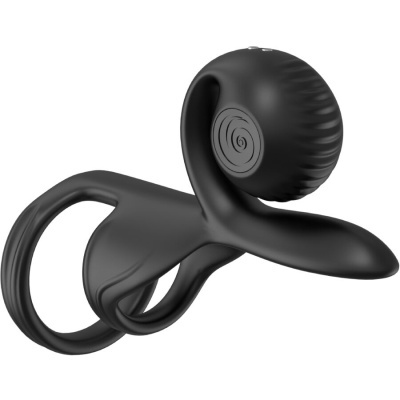 Dispositivo preto de silicone com formas curvas e textura lisa.
