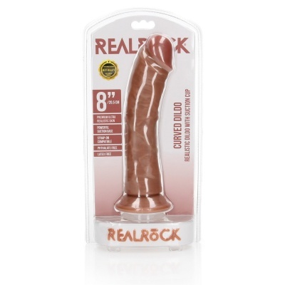 Dildo curvo castanho realista embalado com base de sucção e texto