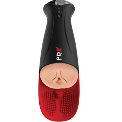 Dispositivo preto e vermelho com parte texturizada vermelha e detalhe em tom de pele