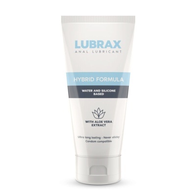 Frasco branco de lubrificante anal Lubrax com texto e design simples