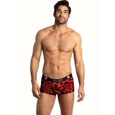 Cuecas boxer vermelhas com padrão preto e cintura preta com texto ANAIS