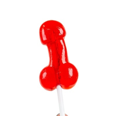 Pirulito vermelho em formato fálico com palito branco