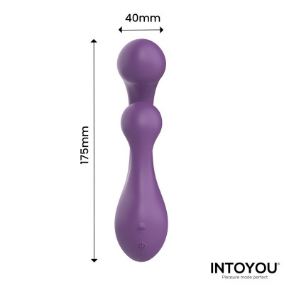 Vibrador roxo em silicone com duas esferas e botões, medidas 175mm x 40mm