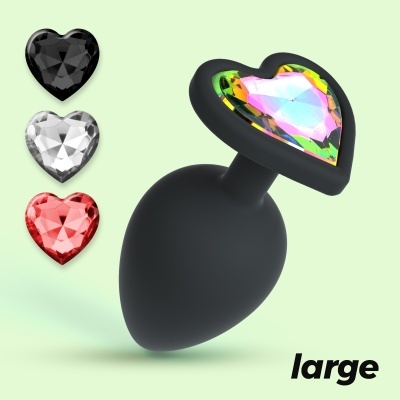 Plug anal preto com pedra em forma de coração multicolorida
