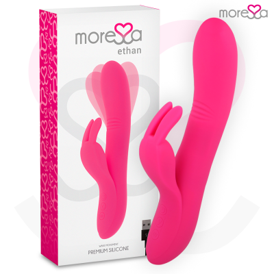 Vibrador cor-de-rosa Moreza Ethan em silicone com caixa branca e detalhes cor-de-rosa