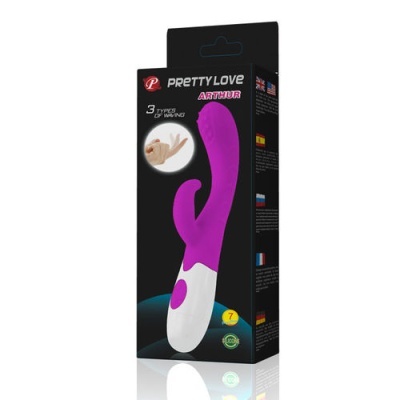 Embalagem de vibrador Pretty Love Arthur roxo e branco com texto e selo