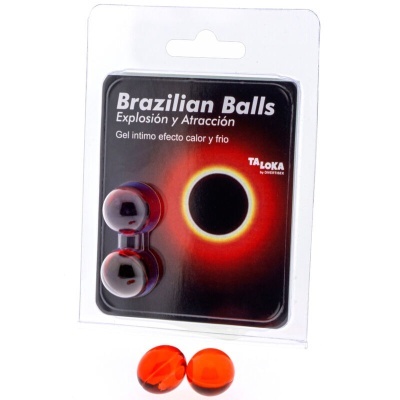 Pacote de gel íntimo Brazilian Balls com duas bolas vermelhas transparentes dentro e fora da embalagem