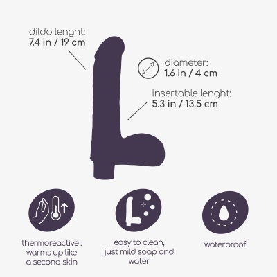 Desenho de um dildo roxo com especificações dimensionais e texto explicativo em fundo branco